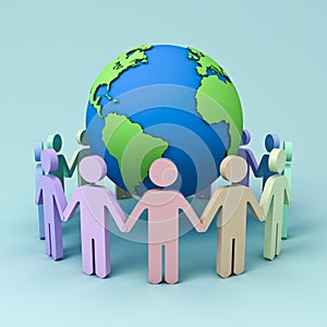 Colorful People Holding Hands Around Globe on blue background