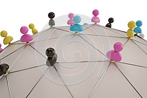 Colorful persons on wireframe polygonal ball.3D illustration