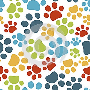 Colorful pet paws seamless pattern. Cat or dog footprint on white background. Vector illustration.