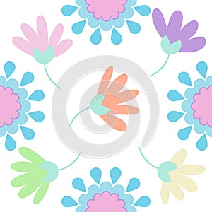 Colorful petals daisy flower blossom and mandala graphic vector seamless pattern, illustration element on white background for fab