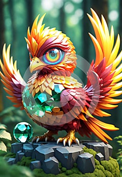 A colorful phoenix bird with bright eyes, sitting on top of a gemstone and holding it in its beak