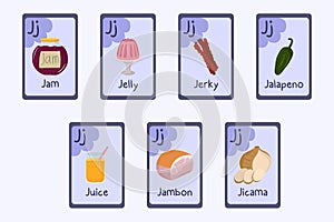 Colorful Phonics flashcard Letter J- jam, jelly, jerky, jalapeno, juice, jambon, jicama.