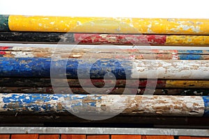 Colorful photo of equestrian obstacles. Empty field for horse jumping event competition