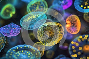 colorful photomicrograph of eukaryotic cells seen through microscope photo