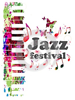 Colorful piano keys vector illustration, music instrument background with music notes. Jazz festival inscription. Jazz music conce