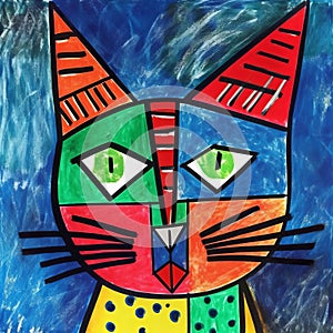 Colorful Picasso-style Abstract Cat Painting On Large Canvas