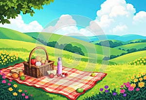 Colorful picnic scene with a basket of fruits on a checkered blanket photo