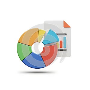 Colorful pie chart and bar graph document representing data analysis isolated on white background