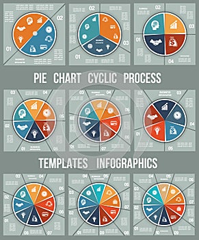 Colorful Pie chart for cyclic process templates infographics. Te