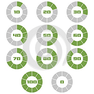 Colorful pie charts. Set of green percentage diagrams. Modern infographic elements