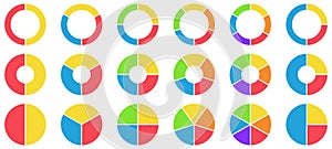 Colorful pie and donut charts. Circle chart, circle sections and round donuts chart pieces. Business infographic vector
