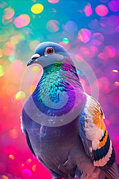 A colorful pigeon with a rainbow background