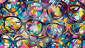 colorful pile of different eye glasses, abstract modern pattern, elegant background