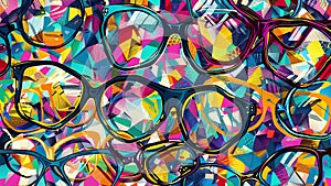colorful pile of different eye glasses, abstract modern pattern, elegant background
