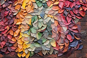 colorful pile of leaves on a brick pathway