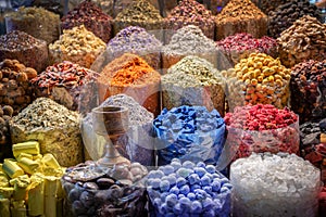 Colorful piles of spices in Dubai souks, UAE