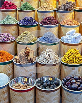 Colorful piles of spices in Dubai souks, UAE