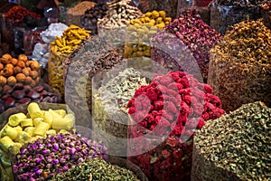 Colorful piles of spices in Dubai souks, UAE