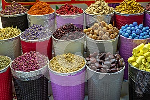 Colorful piles of spices in Dubai souks, UAE