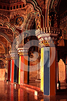 Colorful pillars in ministry hall- dharbar hall- of the thanjavur maratha palace