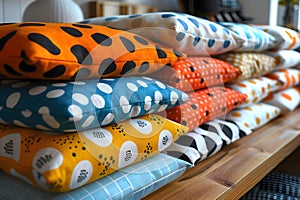 Colorful pillows on shelf in store, closeup. Interior design