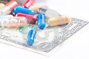 Colorful pills on american dollar, cost of medical health care