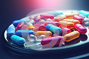 Colorful pills on a black background. 3d illustration. Toned, Pile of colorful medicine pills and capsules in blister packs, AI