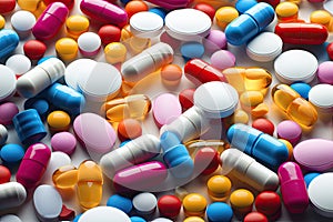 Colorful pills on black background. Focus on foreground, soft bokeh, Pile of colorful medicine pills and capsules in blister packs