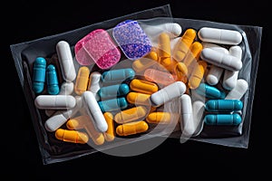 Colorful pills and capsules in plastic bag on black background, top view, Pile of colorful medicine pills and capsules in blister