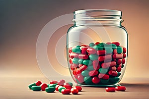 Colorful Pills capsules pouring out of the glass jar or bottle on a gradient brown background. Medicine concept
