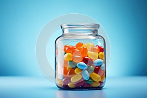 Colorful pills in a glass jar on wooden table with copy space