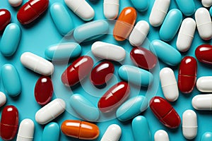 Colorful pills scattered on a blue background