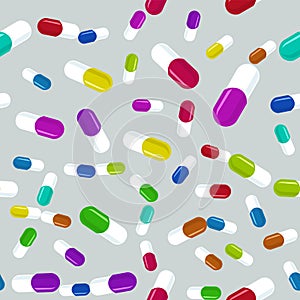Colorful pills seamless pattern. Medicine background, abstract capsules flatlay vector illustration