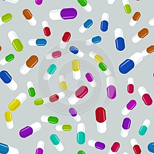 Colorful pills seamless pattern. Medicine background, abstract capsules flatlay vector illustration