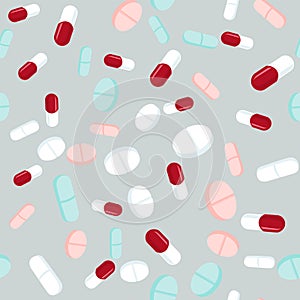 Colorful pills seamless pattern. Medicine background, abstract capsules and medical tablets flatlay vector illustration