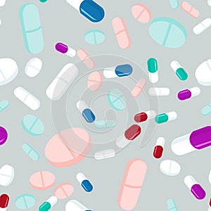 Colorful pills seamless pattern. Medicine background, abstract capsules and medical tablets flatlay vector illustration