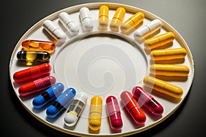 Colorful pills and tablets arranged in a pill organizer. Generative AI
