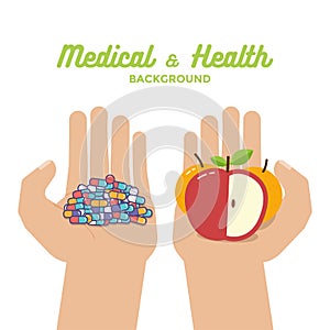 Colorful pills tablets capsules and healthy fruits apple oranges in hands. healthy life.