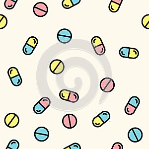 Colorful pills tablets capsules icons seamless pattern. Vector background. Medicine health care symbols