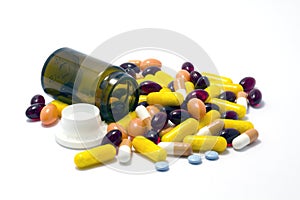 Colorful pills, tablets and pillbox