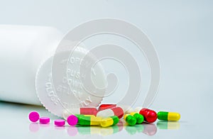 Colorful pills on white background and plastic bottle with blank label and copy space. Childproof packaging. Child resistant pill photo