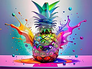 Colorful Pineapple Splash with Vibrant Neon Paint on Modern Background