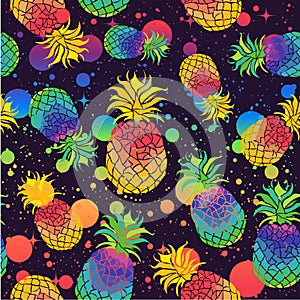 Colorful pineapples with pride flag colors. Seamless pattern with rainbow fruits and color splashes