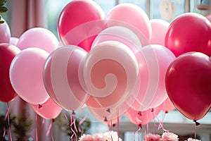 Colorful pink balloons in room prepared for birthday party