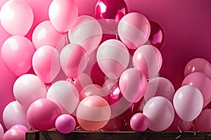 Colorful pink balloons in room prepared for birthday party