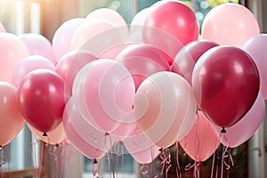 Colorful pink balloons in room prepared for birthday party