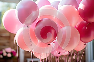 Colorful pink balloons in room prepared for birthday party