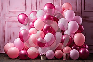 Colorful pink balloons in room prepared for birthday party