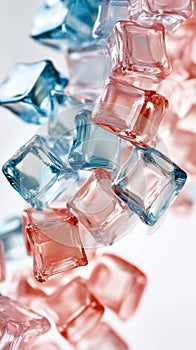 Colorful pink and blue ice cubes floating against a white background