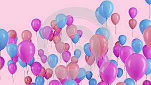 Colorful pink, blue and purple balloons fly up on pastel background.